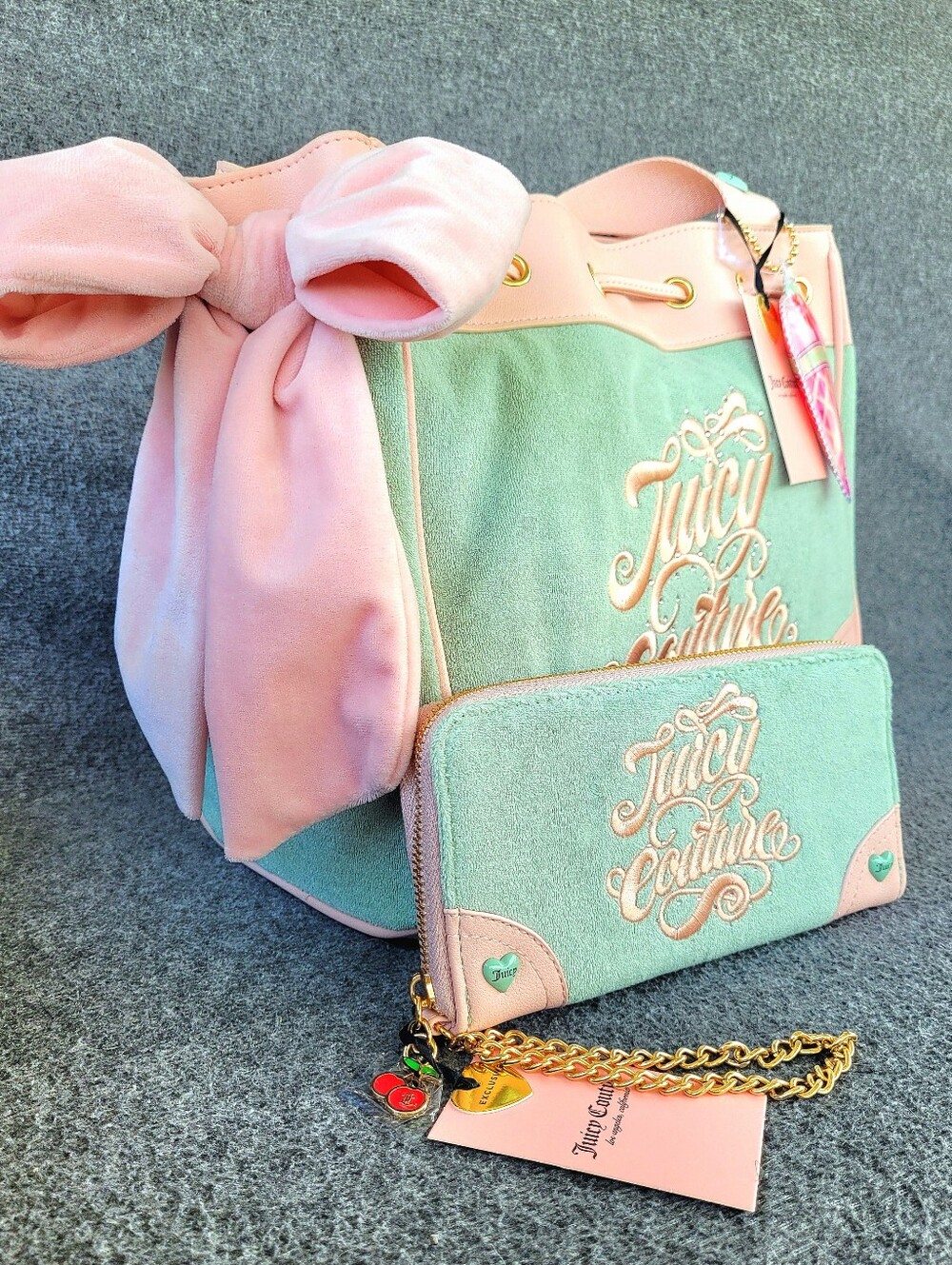 NWT Juicy Couture Sugar Rush Tote Handbag and Matching Wallet in Frosty Green
